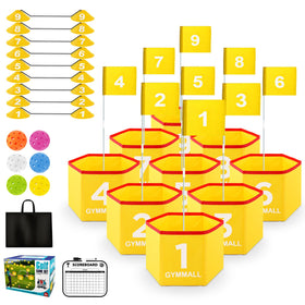 GYMMALL backyard golf set yellow buckets ready for quick setup and stable play.