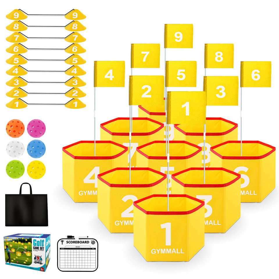 GYMMALL backyard golf set yellow buckets ready for quick setup and stable play.