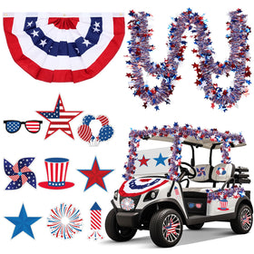 Hahafelt patriotic star tassel garlands decorate the golf cart for visibility.