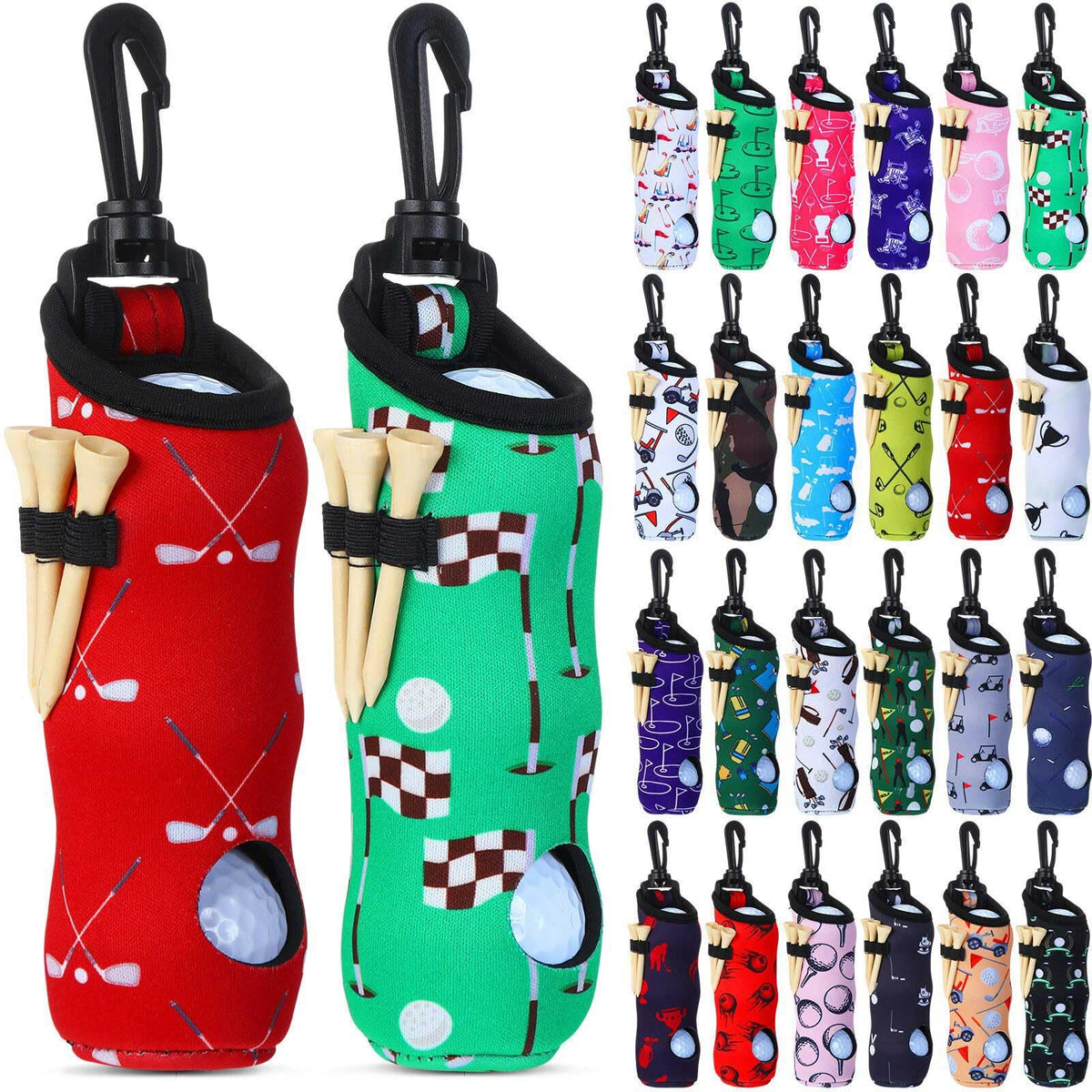 Halloscume golf-ball holder pouch collection with durable neoprene and vibrant designs for on-course organization.