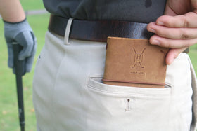 Handy Picks leather golf log book open invites easy on-course note-taking.
