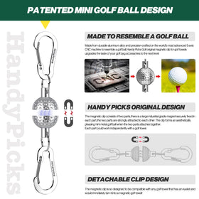 Handy Picks towel clip uses strong magnets to attach to bags and clubs for quick access.