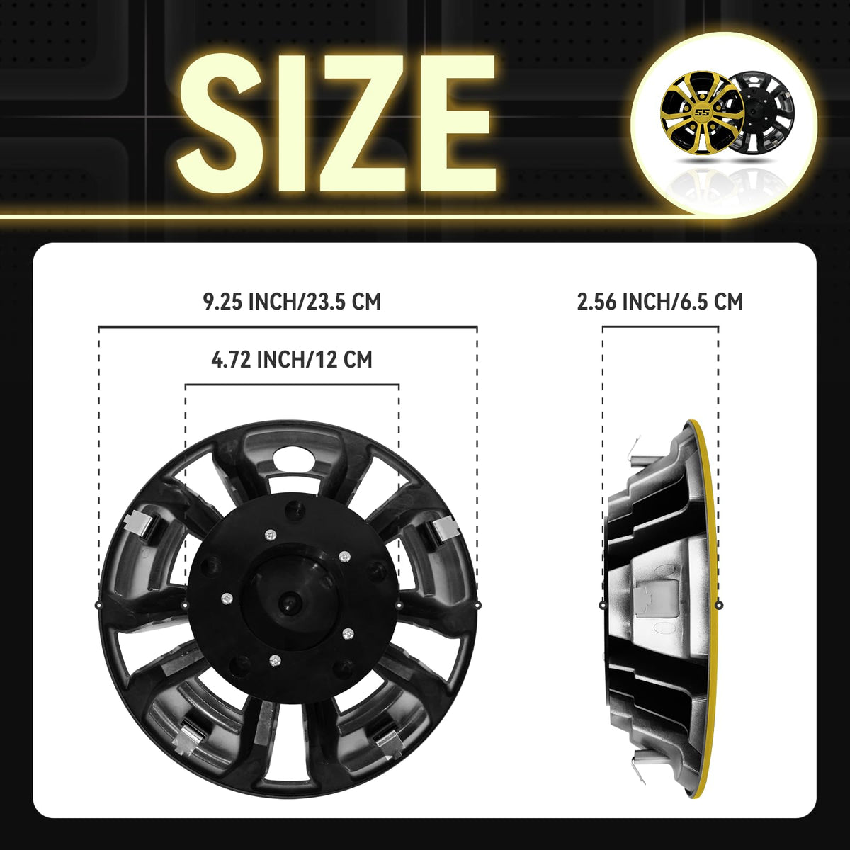 HANGKUNNEE 8in hub caps black-yellow gloss design enhances cart aesthetics.
