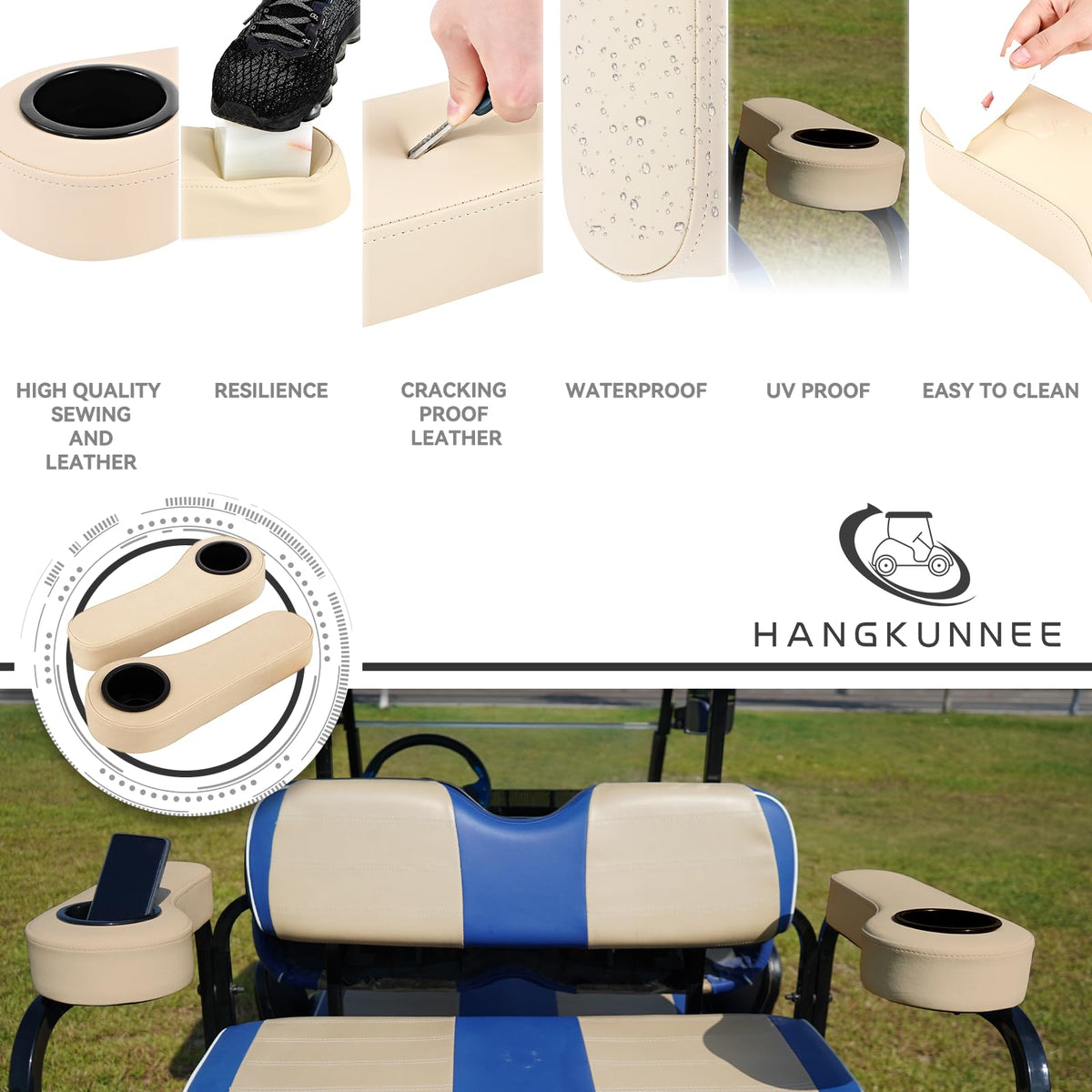 Armrest shows a durable plastic bottom and cushioned surface.