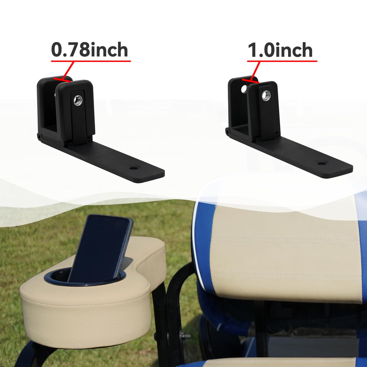 Universal-fit bracket affixed to a golf cart frame for quick mounting.