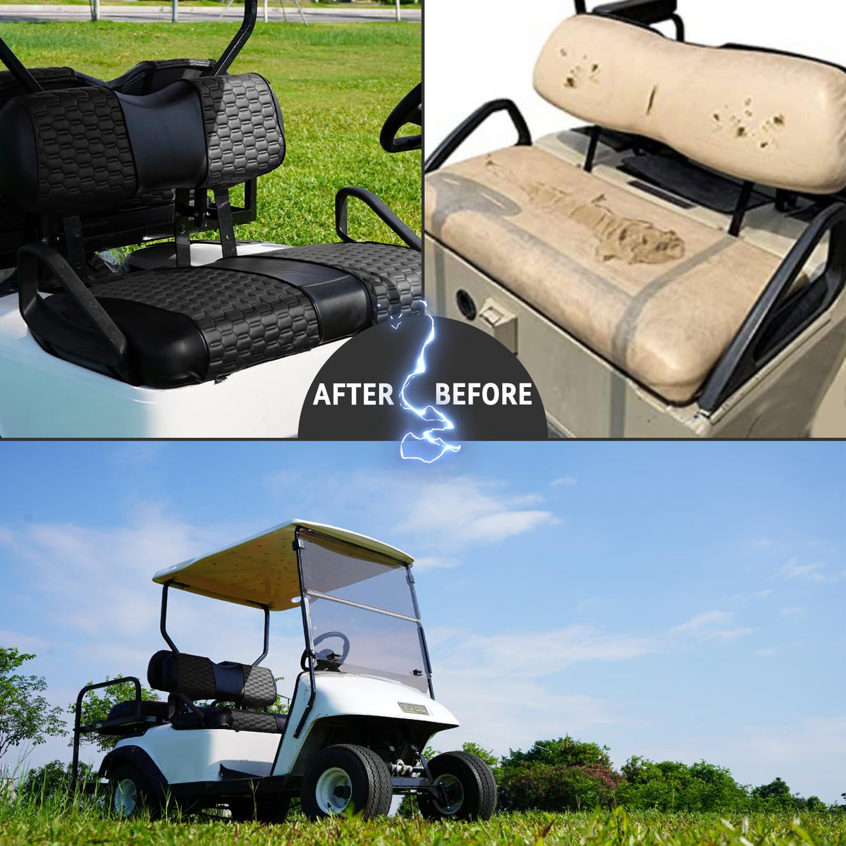 HANGKUNNEE universal golf cart seat cover fits front and back cushions.