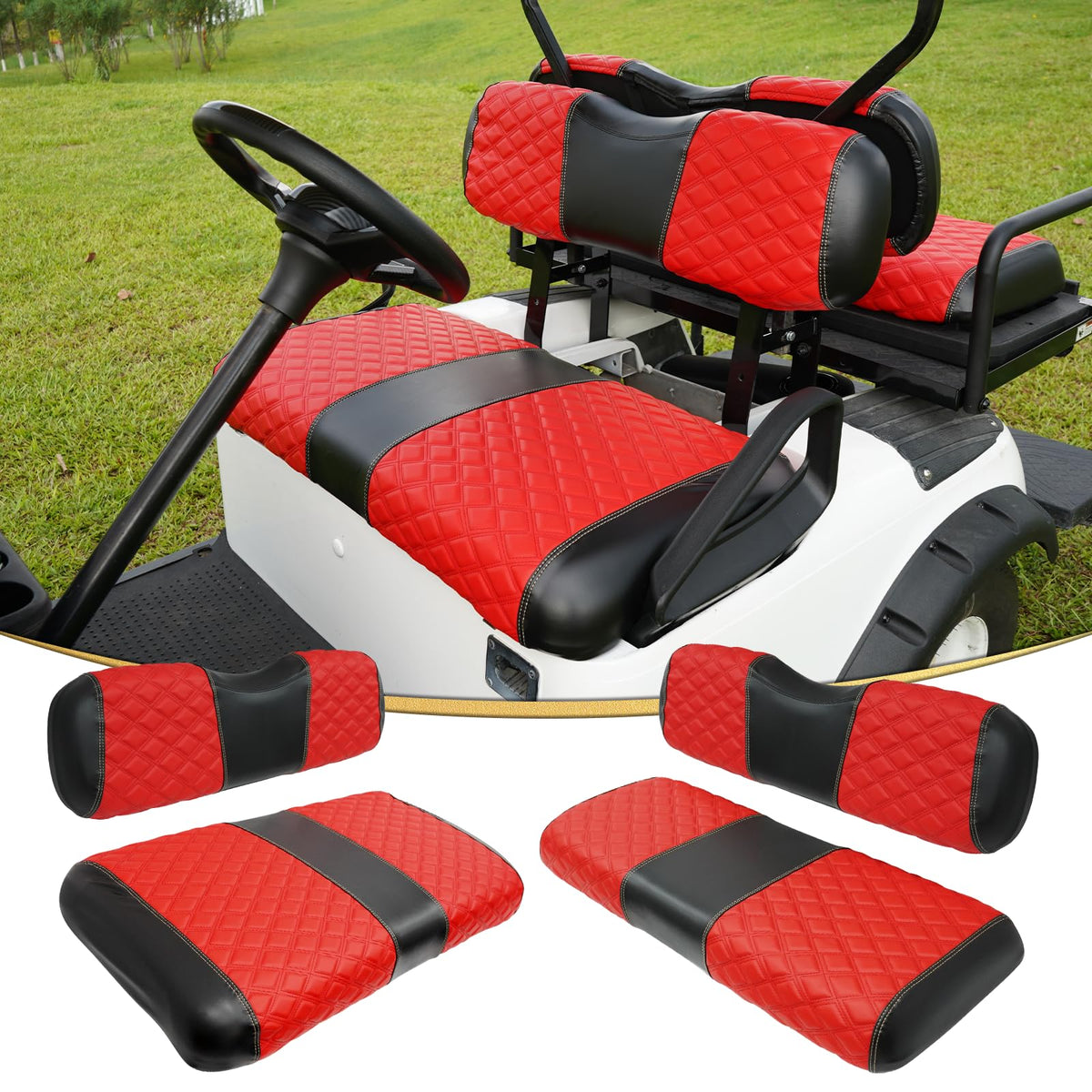 HANGKUNNEE EZGO TXT front bench seat cover with diamond stitching protects against wear.