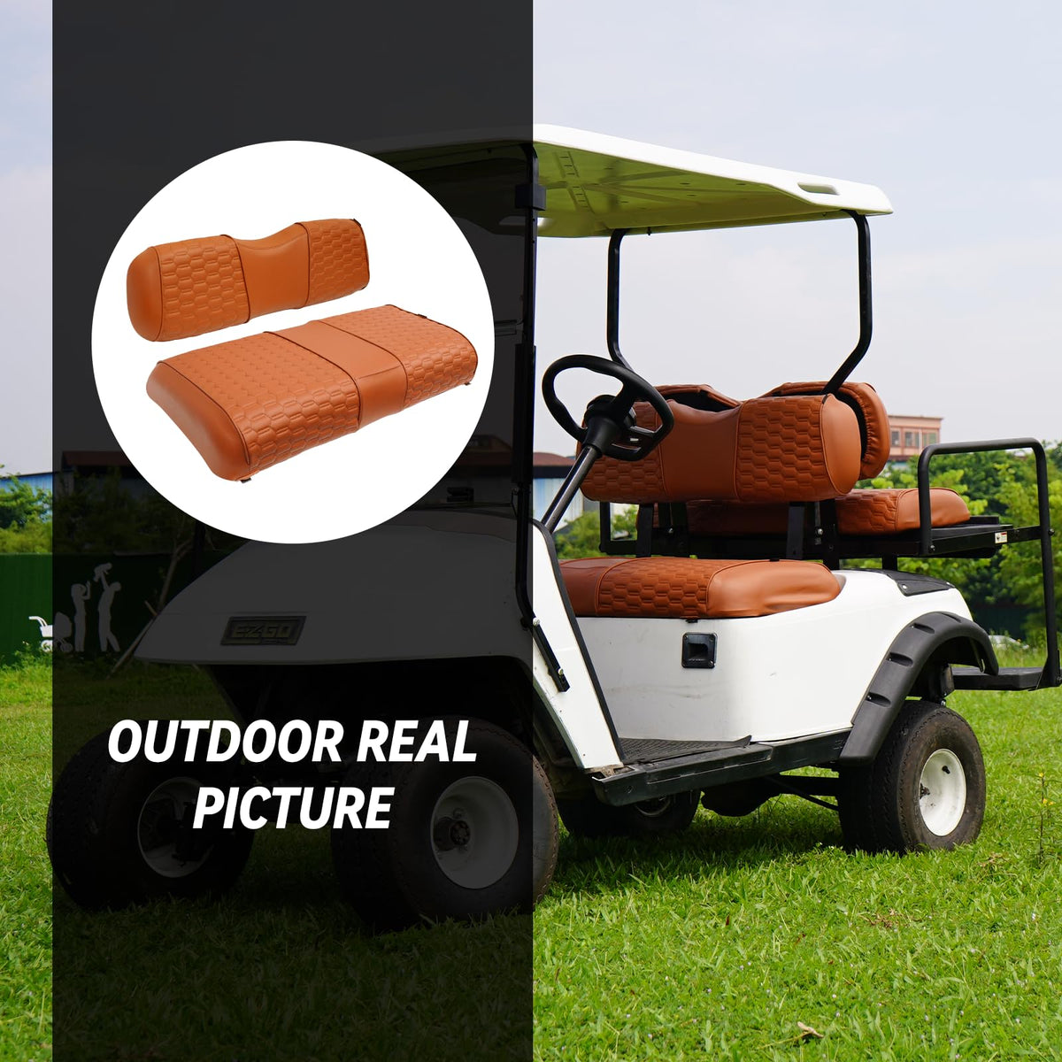 HANGKUNNEE EZGO TXT seat cover in brown enhances cart style and easy care.