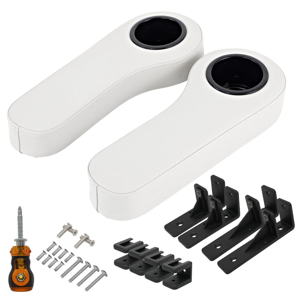 Hangkunnee golf cart armrest with cup holder on white rear-seat for convenient drinks during rides