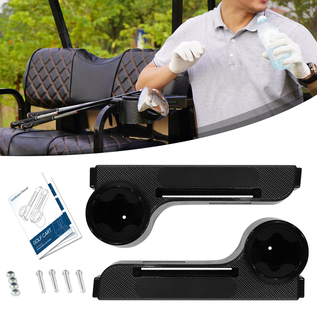Hangkunnee golf cart armrest with cup holder secures drinks on bumpy rides.