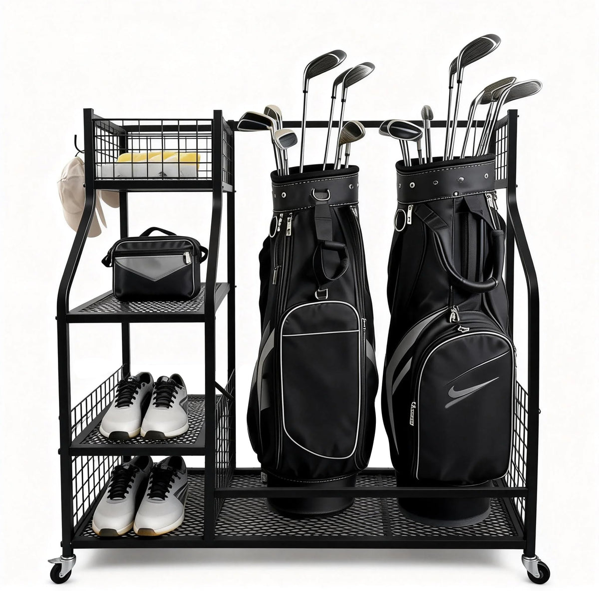 Hanmir sports equipment organizer front view showing organized gear and space-saving design
