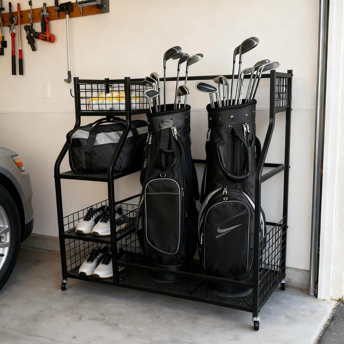Hanmir wide storage rack supports two golf bags and accessories