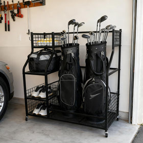 Hanmir wide storage rack supports two golf bags and accessories
