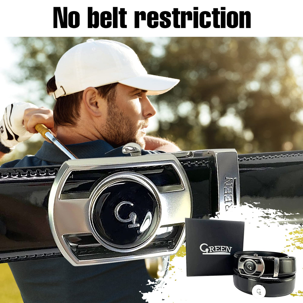 Front buckle features replaceable ball markers for convenience