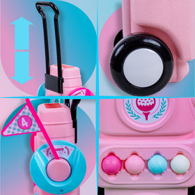 Hapinest wheeled golf bag pink enables easy transport for indoor or outdoor sessions.