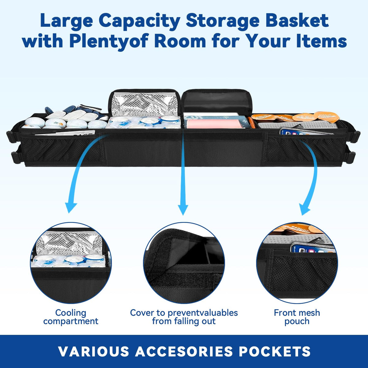 Adjustable straps securely attach the tray to most carts