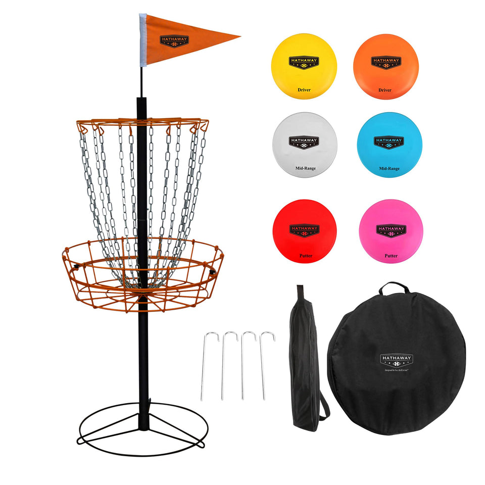Hathaway disc golf basket close-up, durable frame and chains for reliable play.