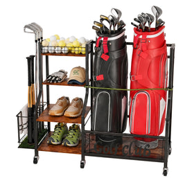 HavenlyYouth golf bag storage with two bags secured for clutter-free garage organization.