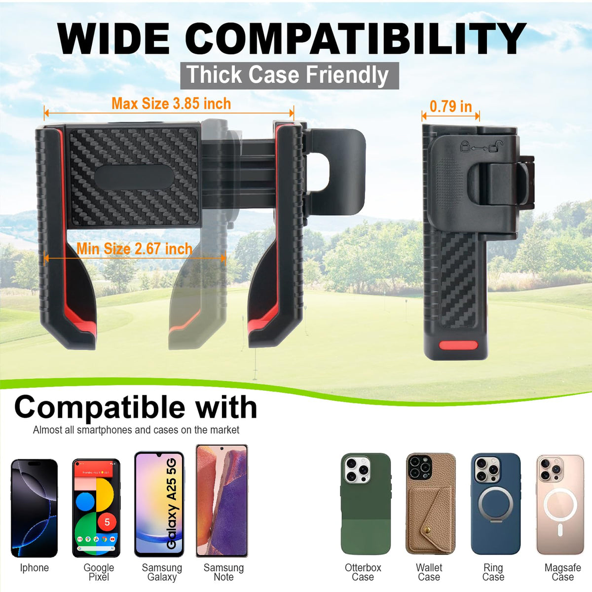 Case-friendly fit accommodates most phones up to 7 inches