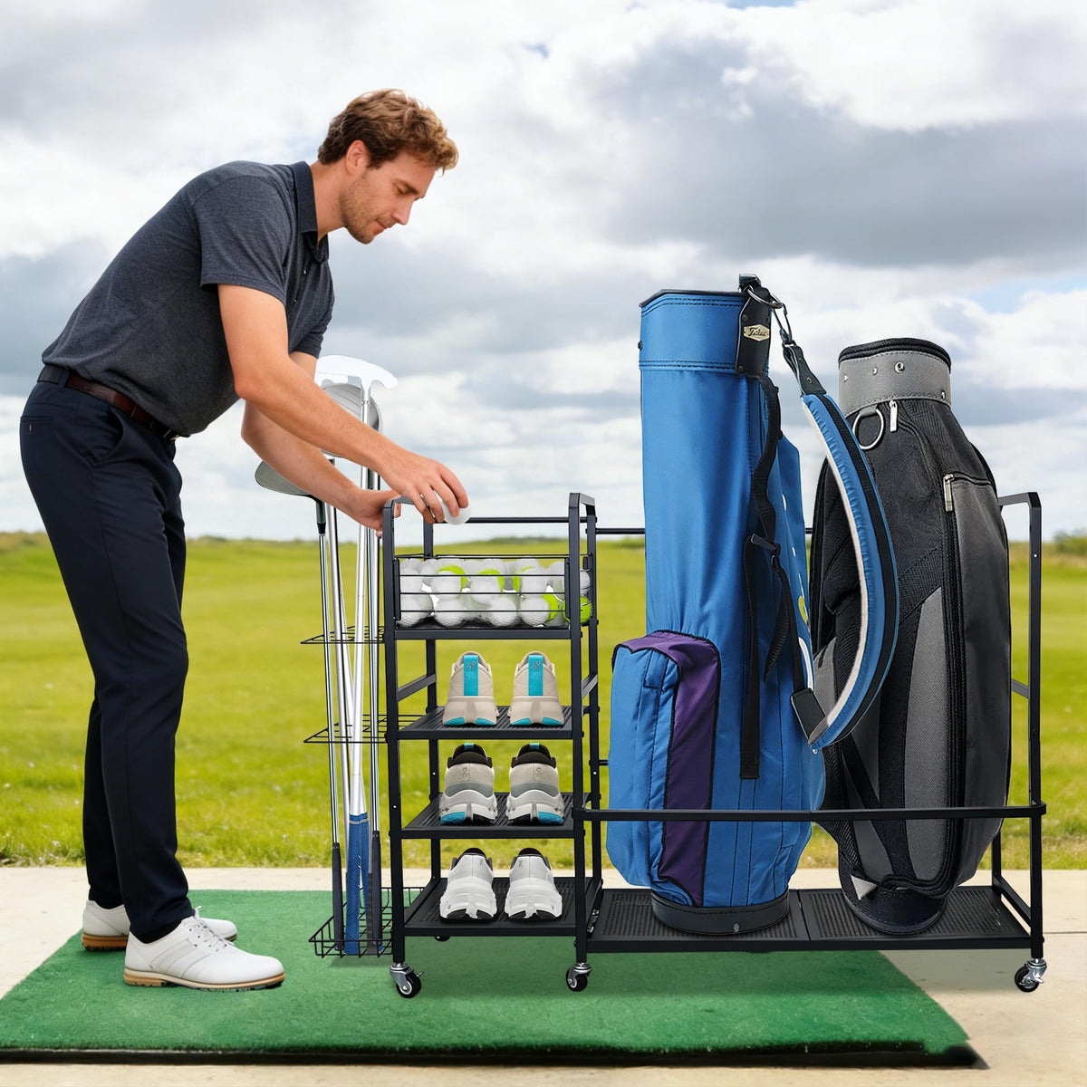 HbSpacstial golf bag storage rack compact design fits home garages neatly