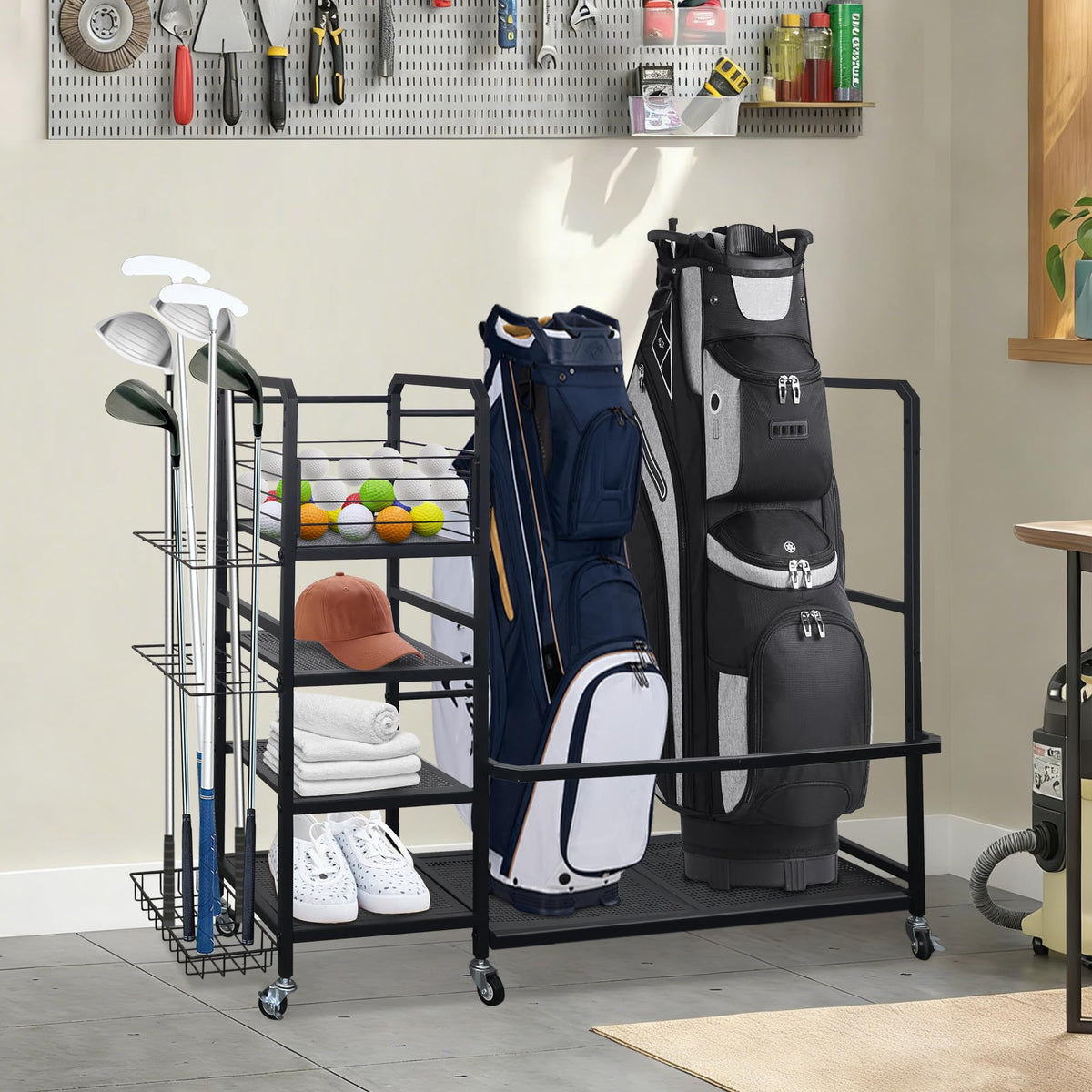 HbSpacstial golf bag storage rack supports heavy gear off the floor