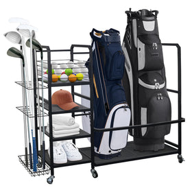 HbSpacstial golf bag storage rack front view keeps two bags upright and accessible