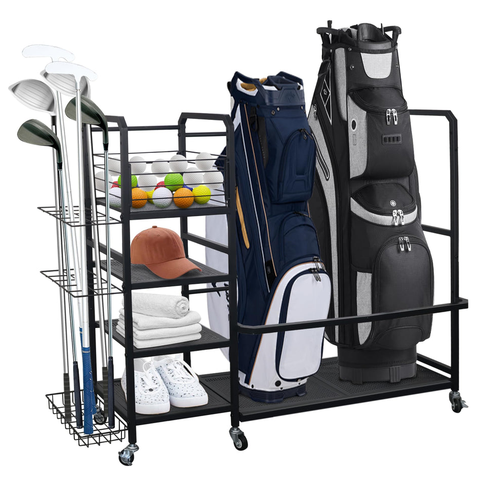 HbSpacstial golf bag storage rack front view keeps two bags upright and accessible