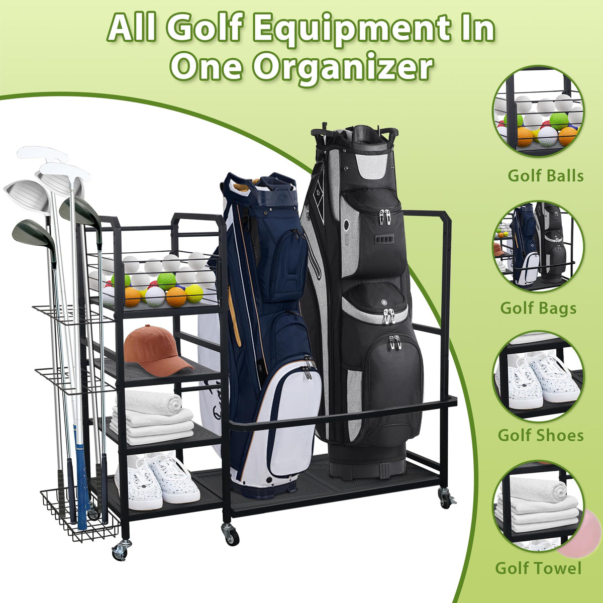 HbSpacstial golf bag storage rack wheel set facilitates easy movement