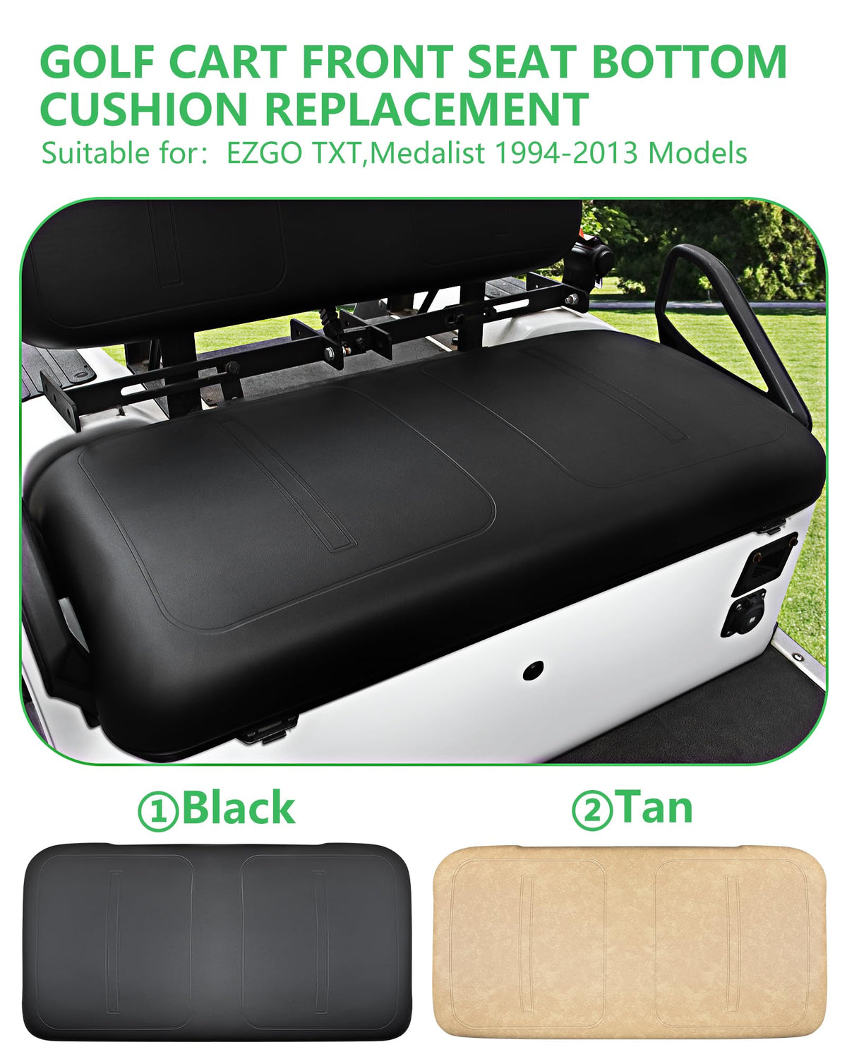 HEOHOU EZGO front seat bottom cushion in black showing close-up of PU leather finish