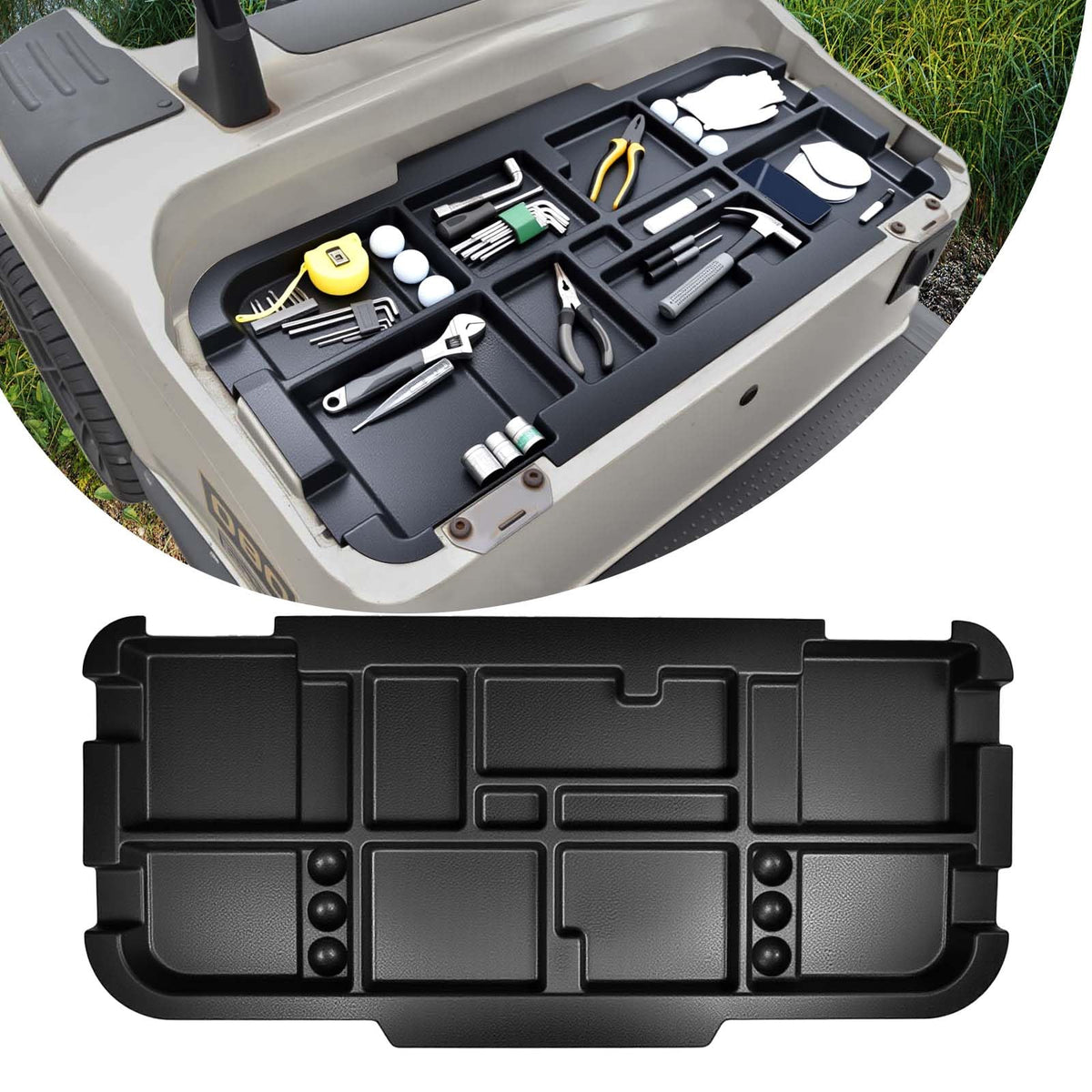 HEOHOU EZGO RXV underseat tray shows organized storage under the seat