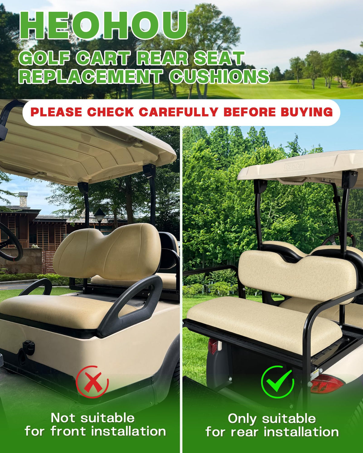 HEOHOU golf cart back seat fitment chart indicates model compatibility