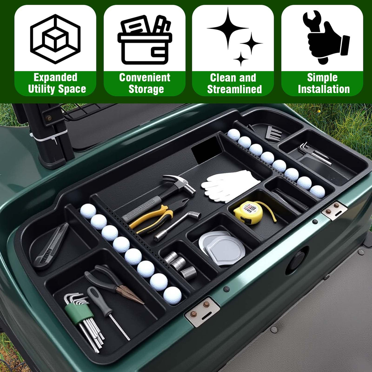 HEOHOU underseat tray installed under Yamaha G29 seat for organized pockets.