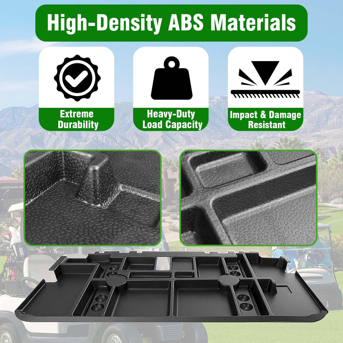 Durable ABS underseat tray construction protecting valuables.