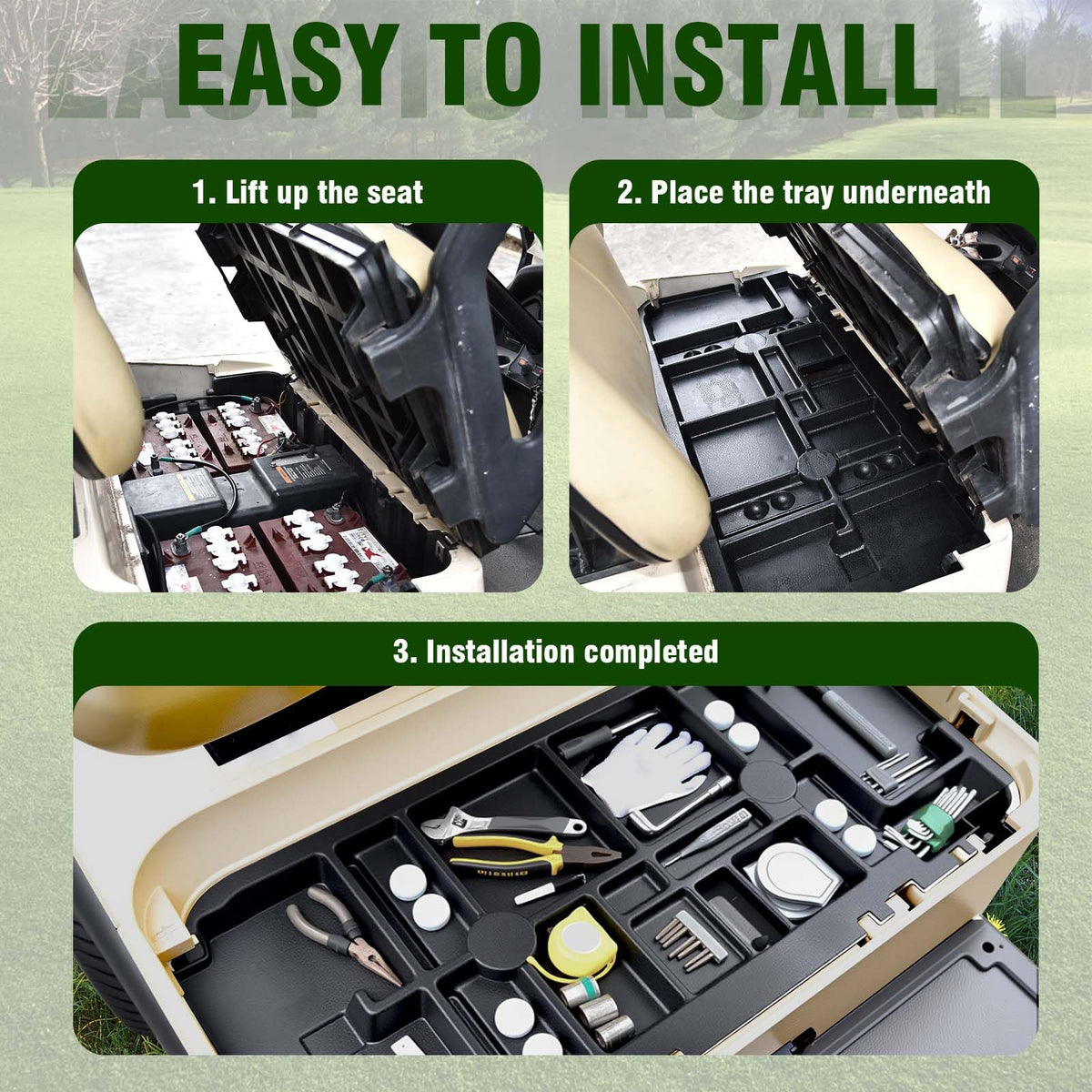 Wide flat storage area keeping small items organized while driving.