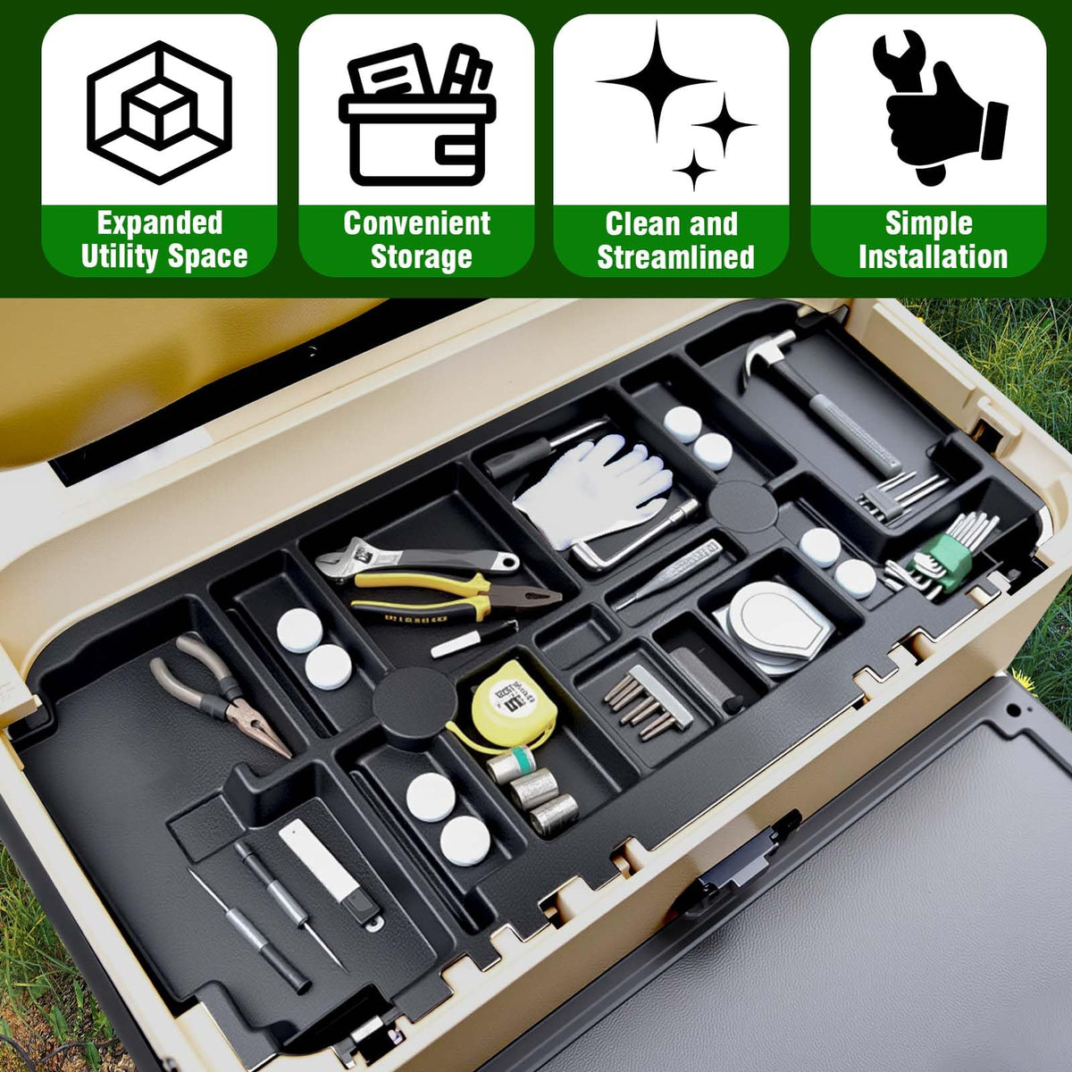 HEOHOU underseat tray expanding storage for golf balls and tools.