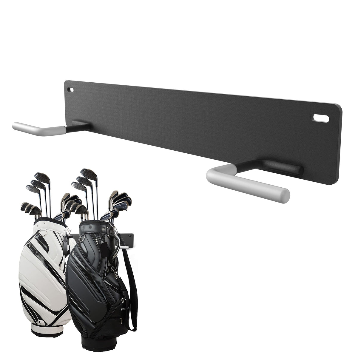 Herbert-fty golf bag wall mount rack with a sturdy steel frame in a garage.