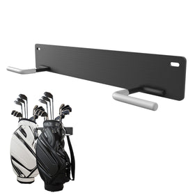 Herbert-fty golf bag wall mount rack with a sturdy steel frame in a garage.