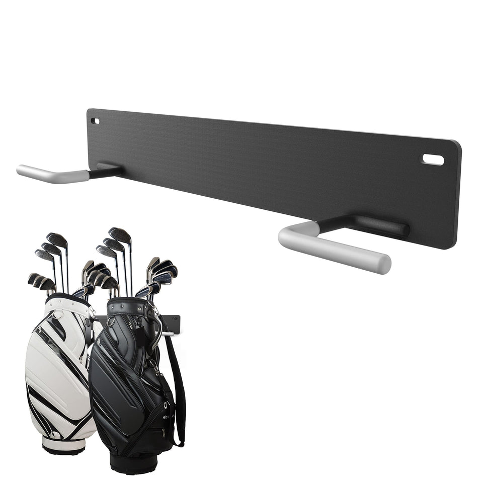 Herbert-fty golf bag wall mount rack with a sturdy steel frame in a garage.