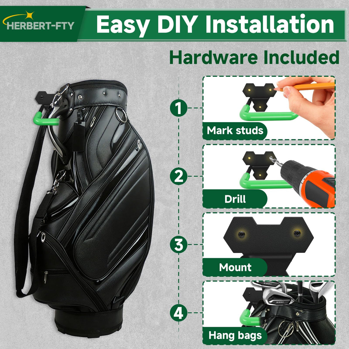 Herbert-fty rubber-coated hooks prevent strap damage while holding bags securely