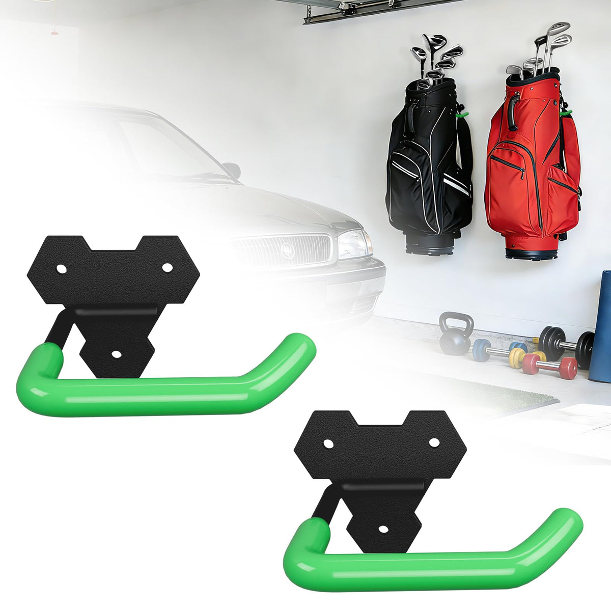 Herbert-fty wall-mounted golf bag hanger two-pack keeps two bags off the floor for garage organization