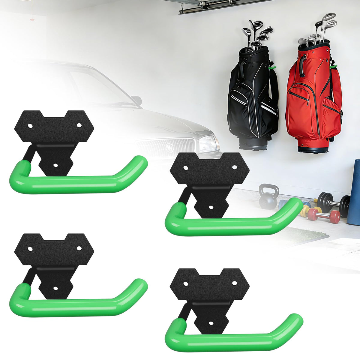 Herbert-fty wall-mounted golf bag holder stores two bags neatly in the garage.