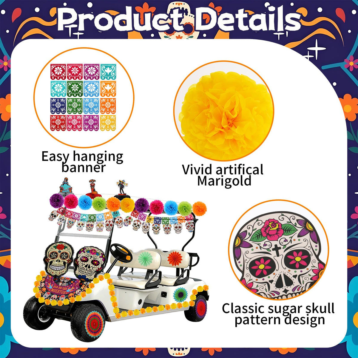 HFYZZ sugar skull banner elevates Dia de los Muertos table or cart decor