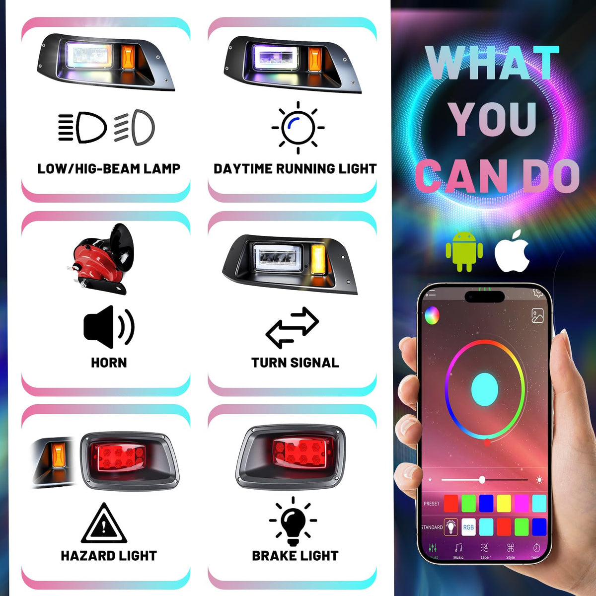 HHLZM RGB headlight right on EZGO TXT with vibrant color options