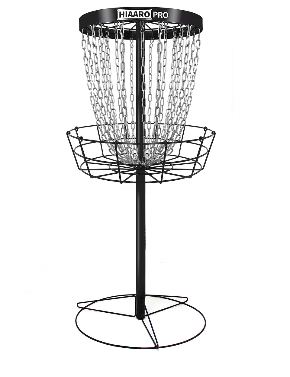 HIAARO disc golf basket with heavy-duty chains catching discs in windy conditions