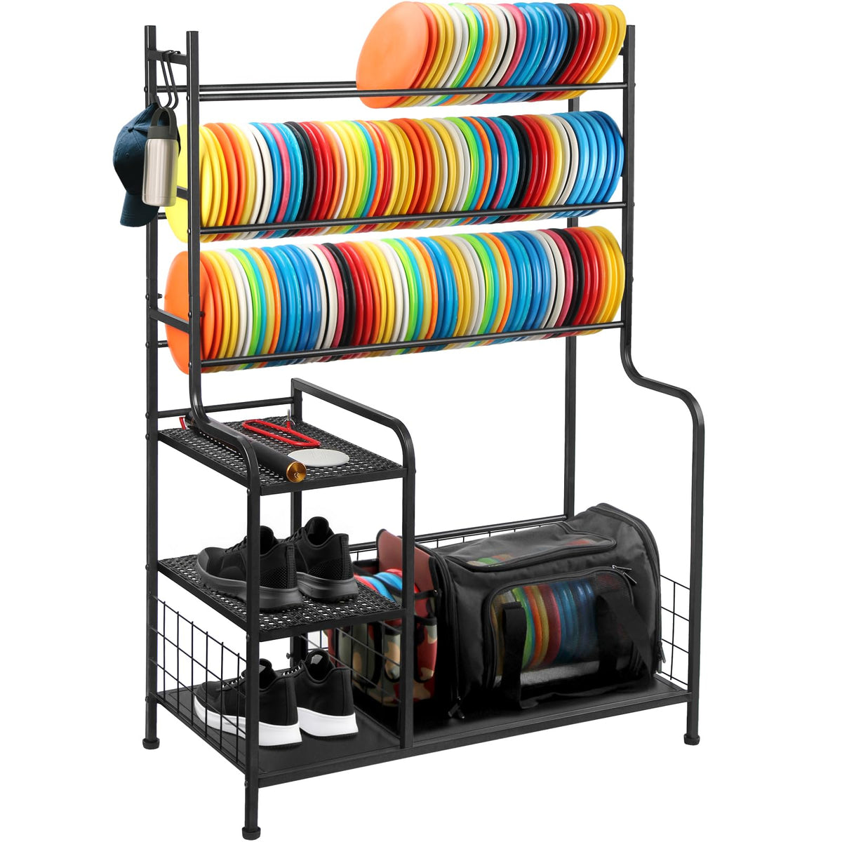 HIAARO Disc Golf Storage Rack, front view, showcasing secure disc organization for your collection.