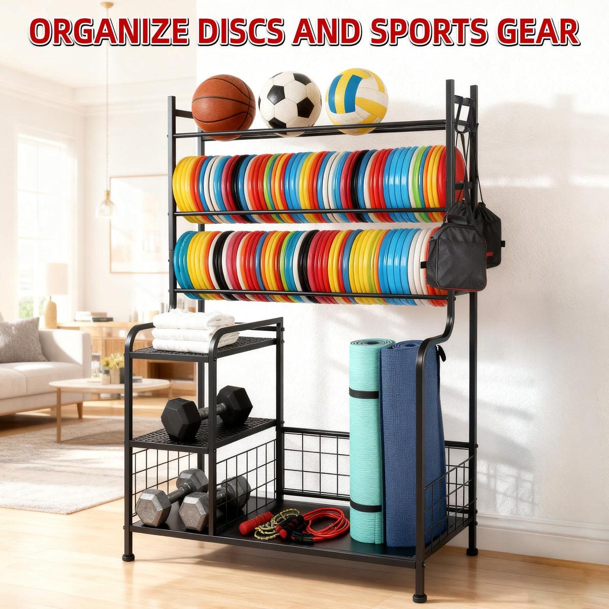 HIAARO Disc Golf Storage Rack, garage-friendly design fits game rooms and storage spaces.