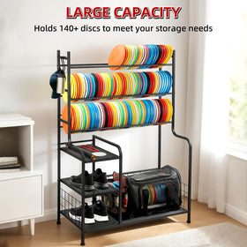 HIAARO Disc Golf Storage Rack, shows capacity to hold 140+ discs in a compact footprint.
