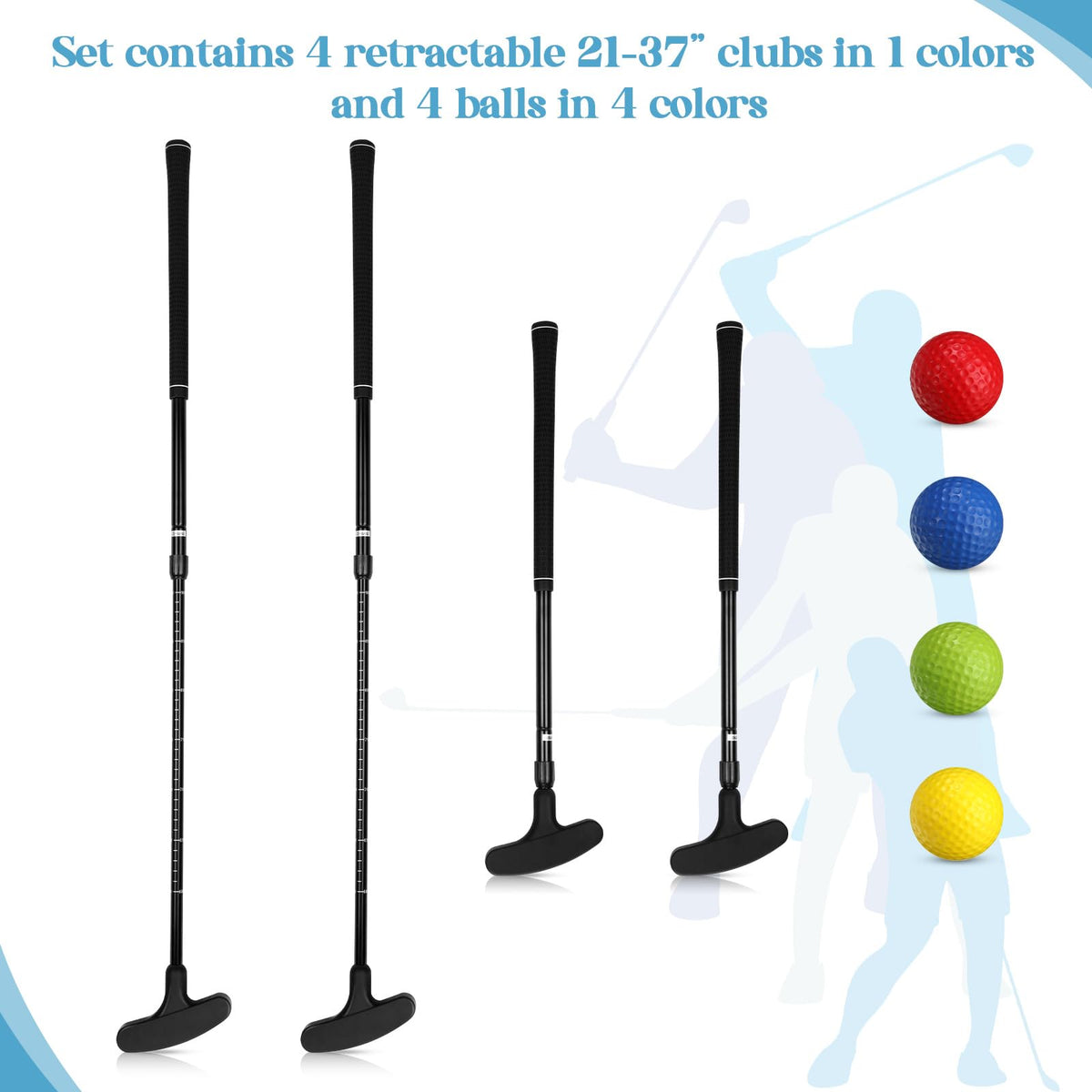 Hiboom adjustable-length putters for kids, teens, and adults during indoor or outdoor practice.