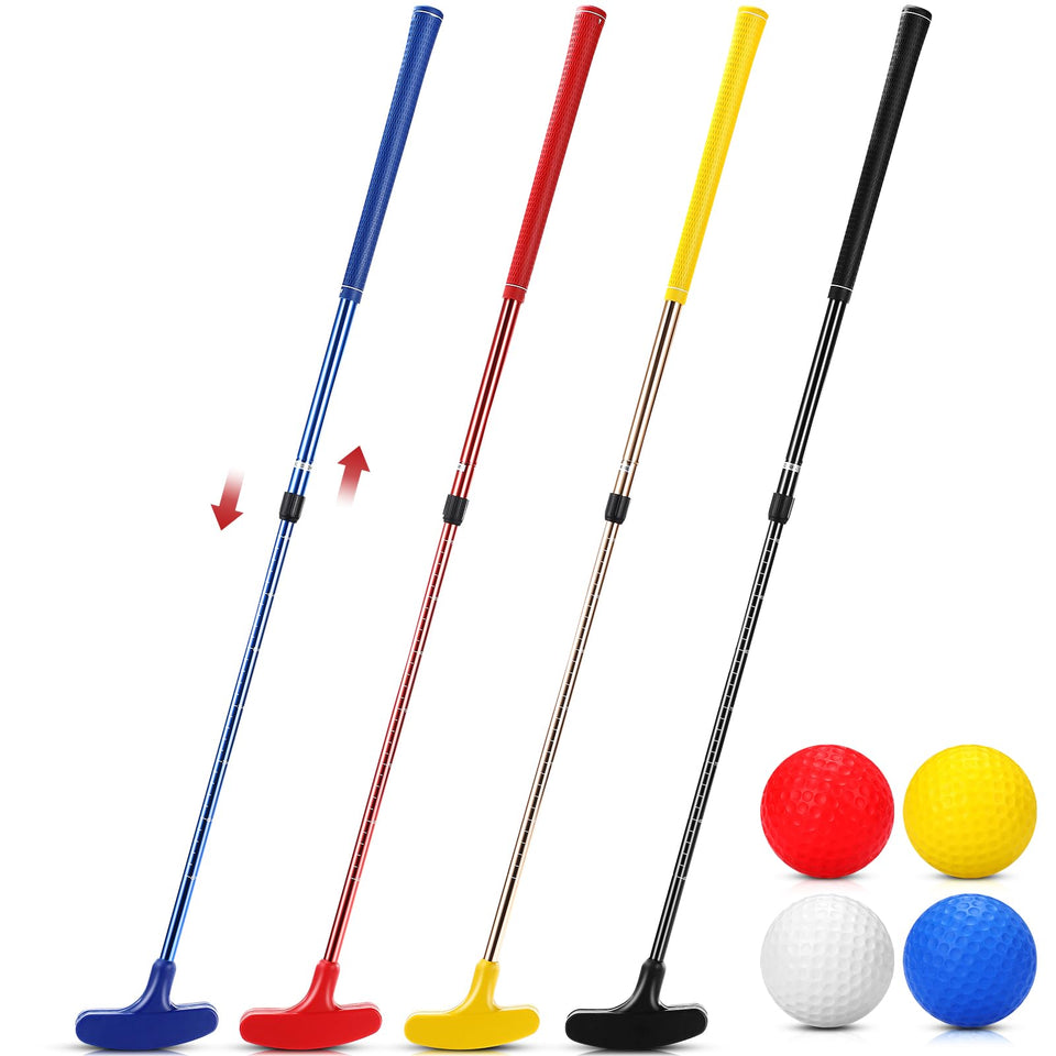 Hiboom four-pack golf putters with four balls for versatile family practice sessions.