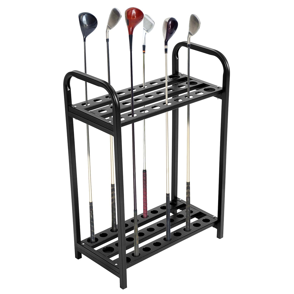 Hicarer 27-Hole Golf Club Holder front view shows durable metal construction for outdoor use.